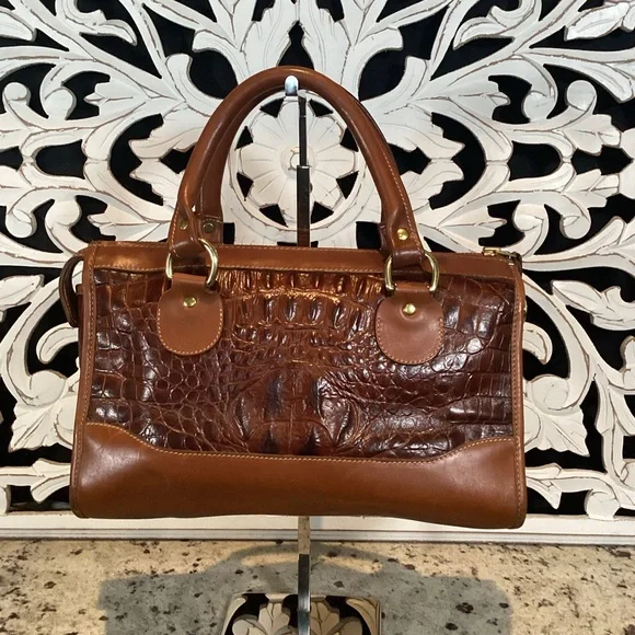 Brahmin Crocodile Embossed Brown Leather Boston Handbag